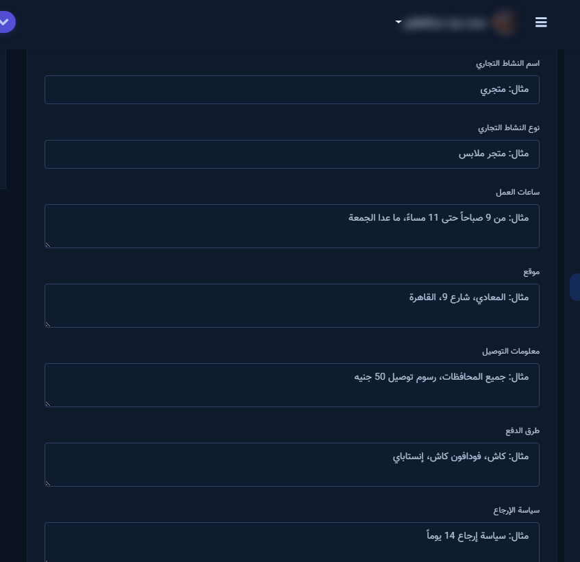 نموذج ملف الأعمال: الاسم والساعات والتوصيل والدفع والإرجاع