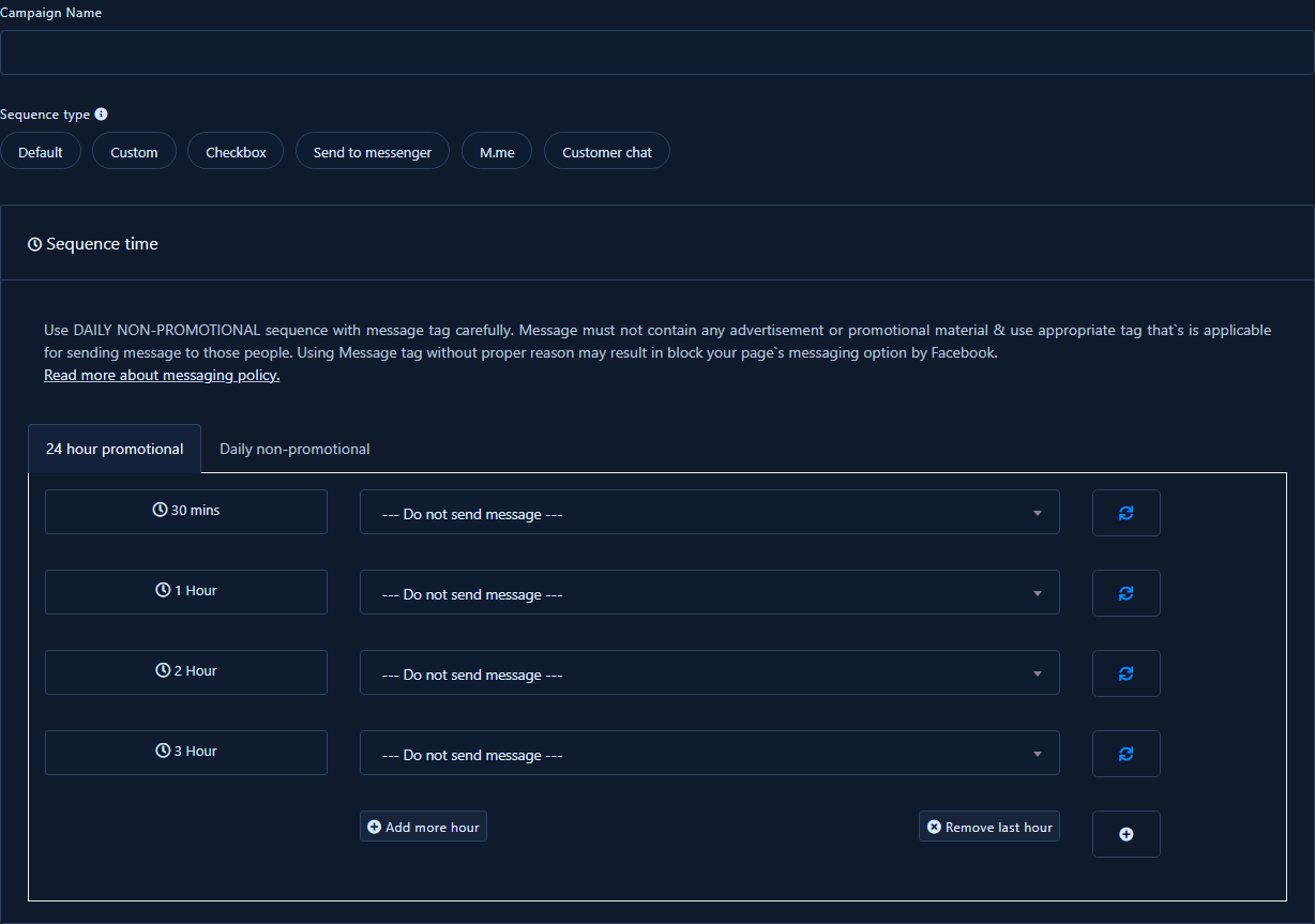 + Add sequence — Campaign Name وSequence type وجدول Sequence time