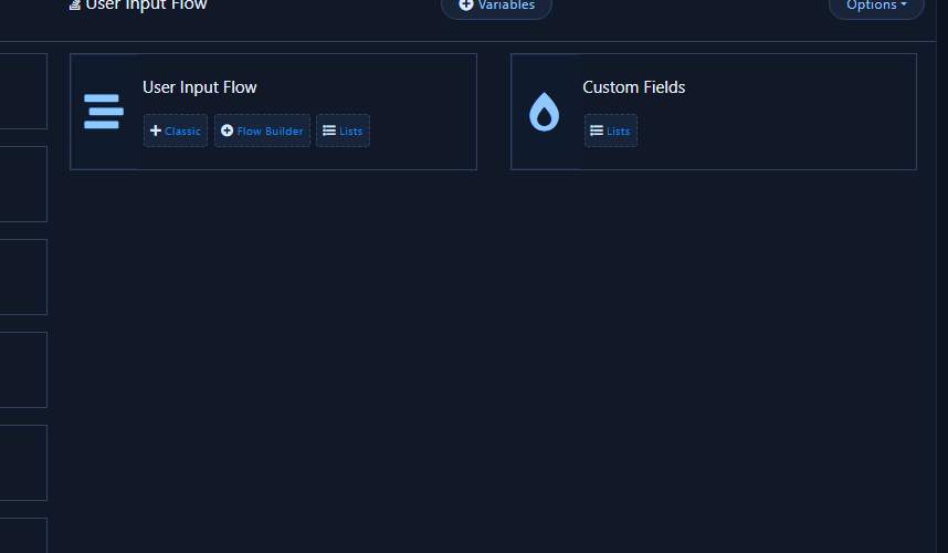 User Input Flow card with Classic / Flow Builder / Lists