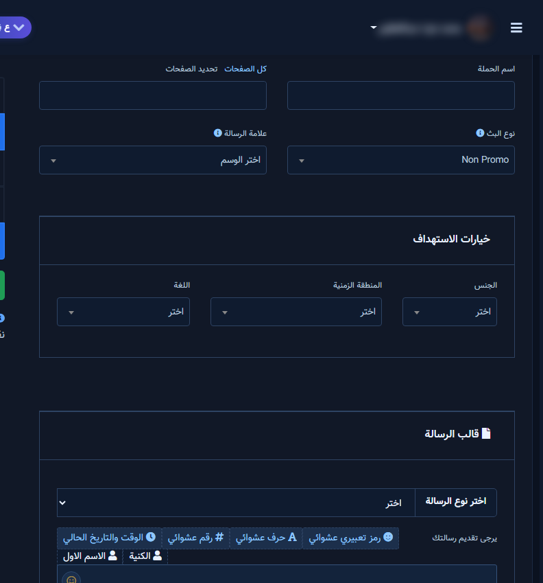تفاصيل الحملة: الاسم، الصفحات، نوع البث، علامة الرسالة