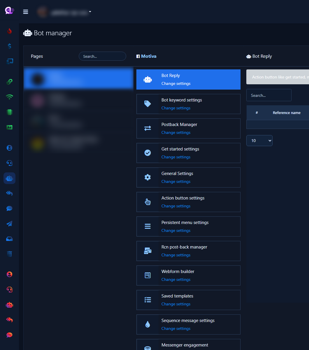 Bot manager settings list including Get started settings and Action button settings