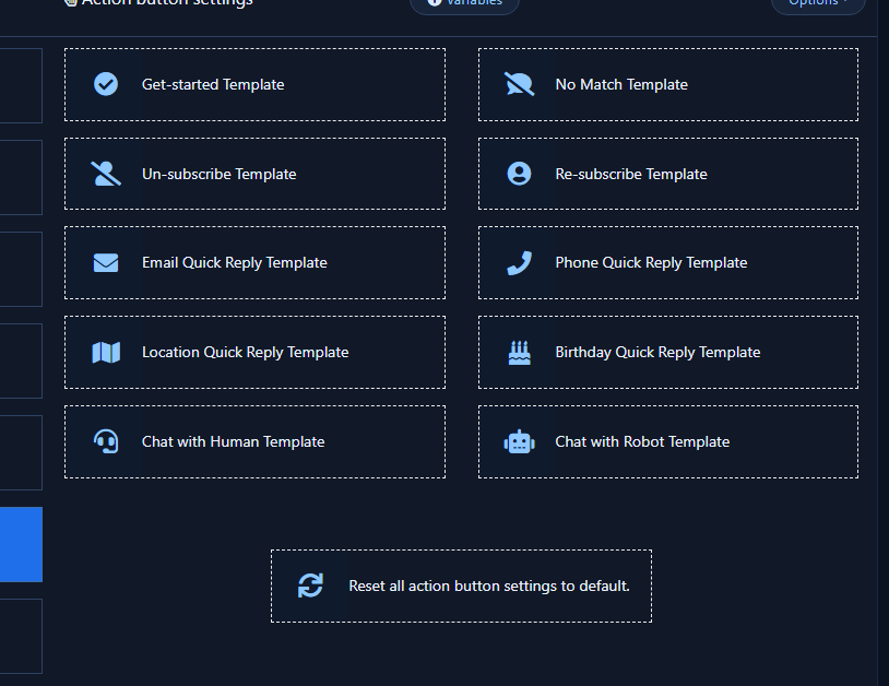 Action button settings grid with Get-started Template card