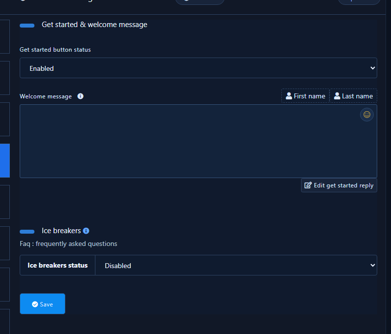 Get started and welcome message panel open