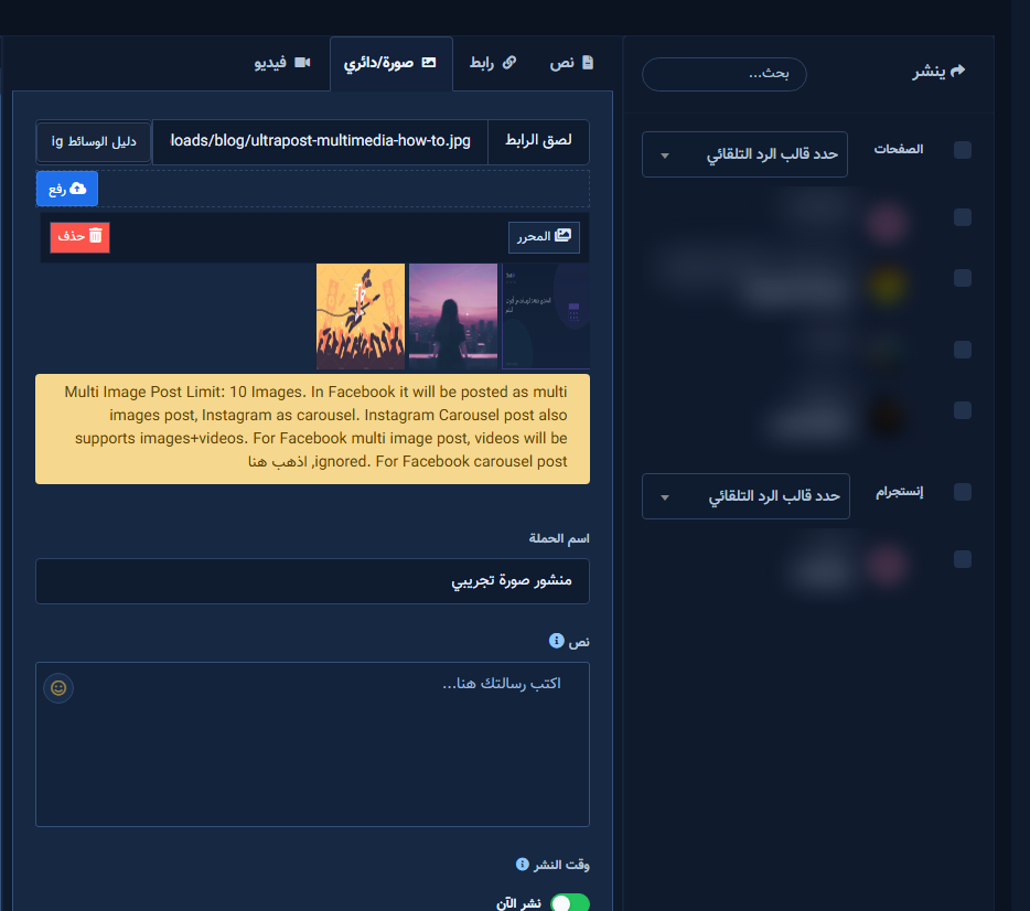 اسم الحملة والصفحات/الحسابات