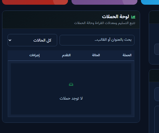 لوحة الحملات (حالة فارغة: لا توجد حملات)