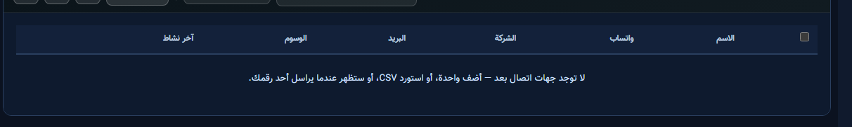 جدول فارغ: الاسم وواتساب والوسوم وآخر نشاط
